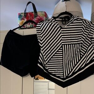 Black and White Striped Swim Halter with Black Swim Shorts. Top 1x, bottom x